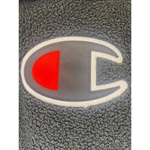 CHAMPION Fleece Sherpa‎ Hoodie SMALL Black BIG C-PATCH Pullover Elastic Bottom - Picture 4 of 5